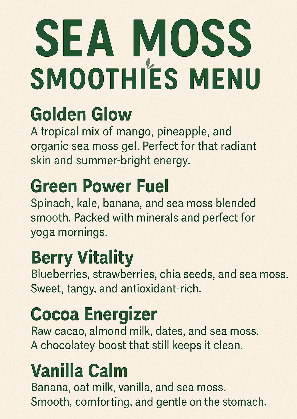 Sea moss smoothies menu showing profitable business applications - Golden Glow, Green Power, Berry Vitality, Cocoa Energizer, Vanilla Calm, and Citrus Cleanse smoothie recipes for cafes and health food businesses