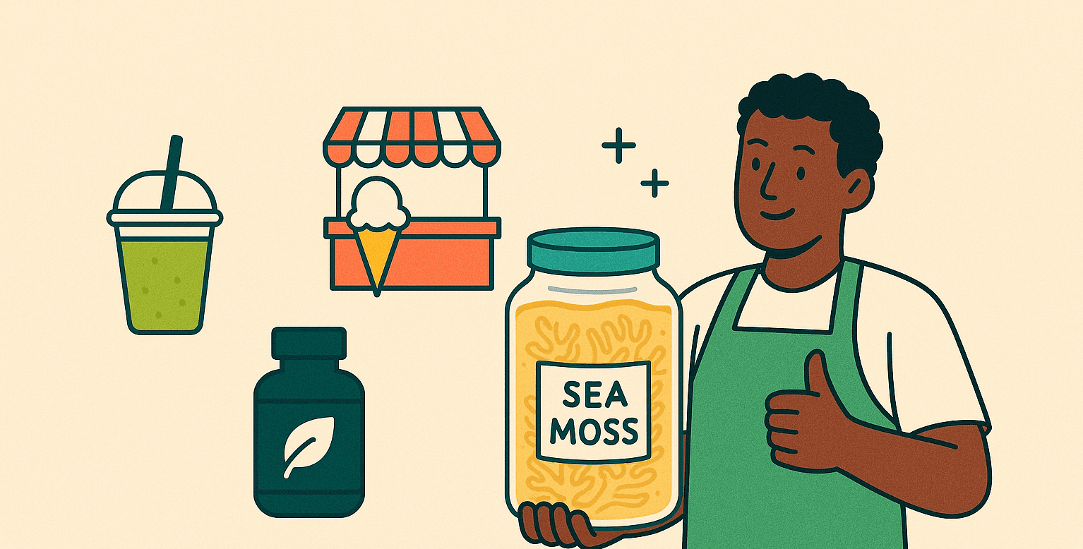 Successful sea moss business owner serving customers in local community setting, demonstrating how entrepreneurs build profitable ventures by connecting with their target market through quality products and personal relationships